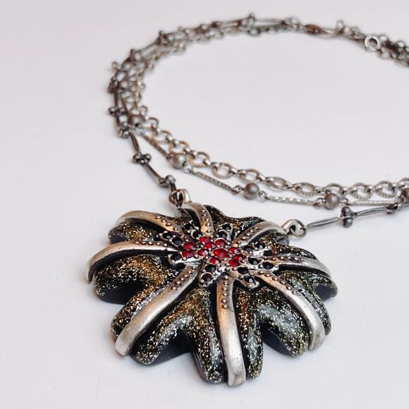 Y2K Signed Chico’s Mixed Metal Starburst Pendant Necklace Red Black Rhinestones - Picture 12 of 13